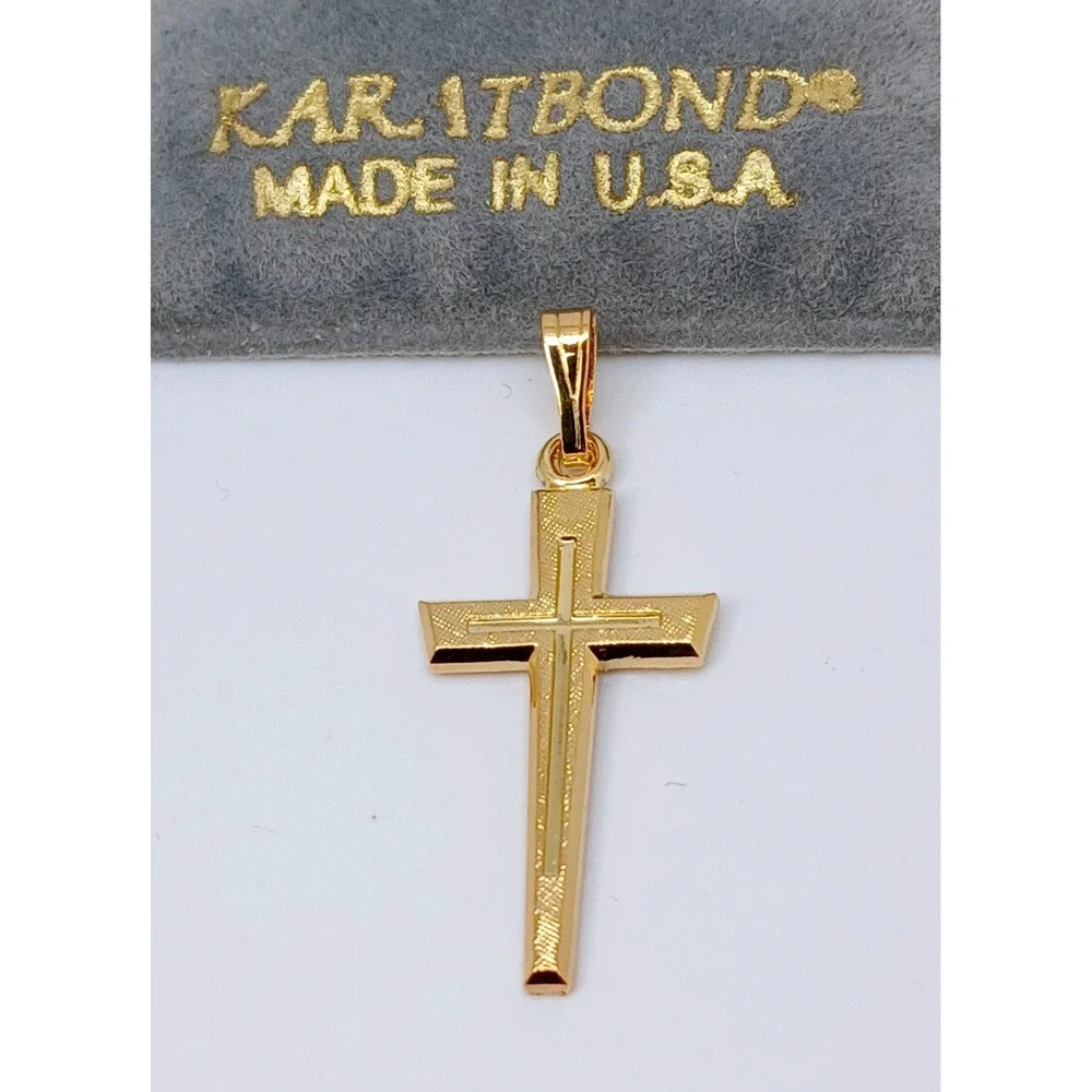 Karatbond Vintage Y2K Textured Gold Double Cross Pendant Made USA New Old Stock